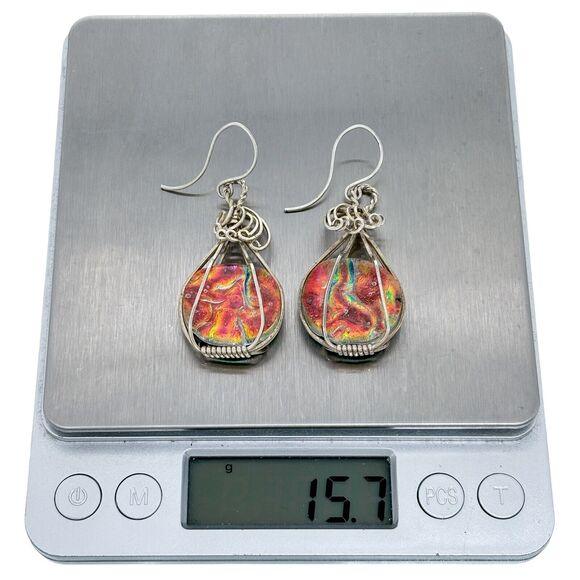 Silver Tone Wire Wrapped Dichroic Glass Dangle Earrings - Picture 4 of 4